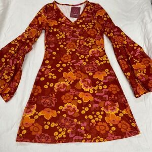 Verdusa Womens Retro 70s Floral Bell Sleeve V-Neck Mini Dress Rust Medium NEW
